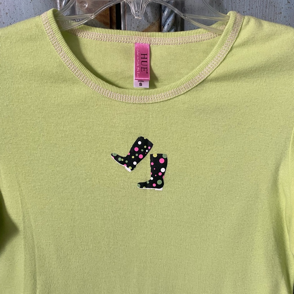 HUE Lime Green Tee Accented with Pink and Black Polka Dot Boot Appliqué - Picture 2 of 7